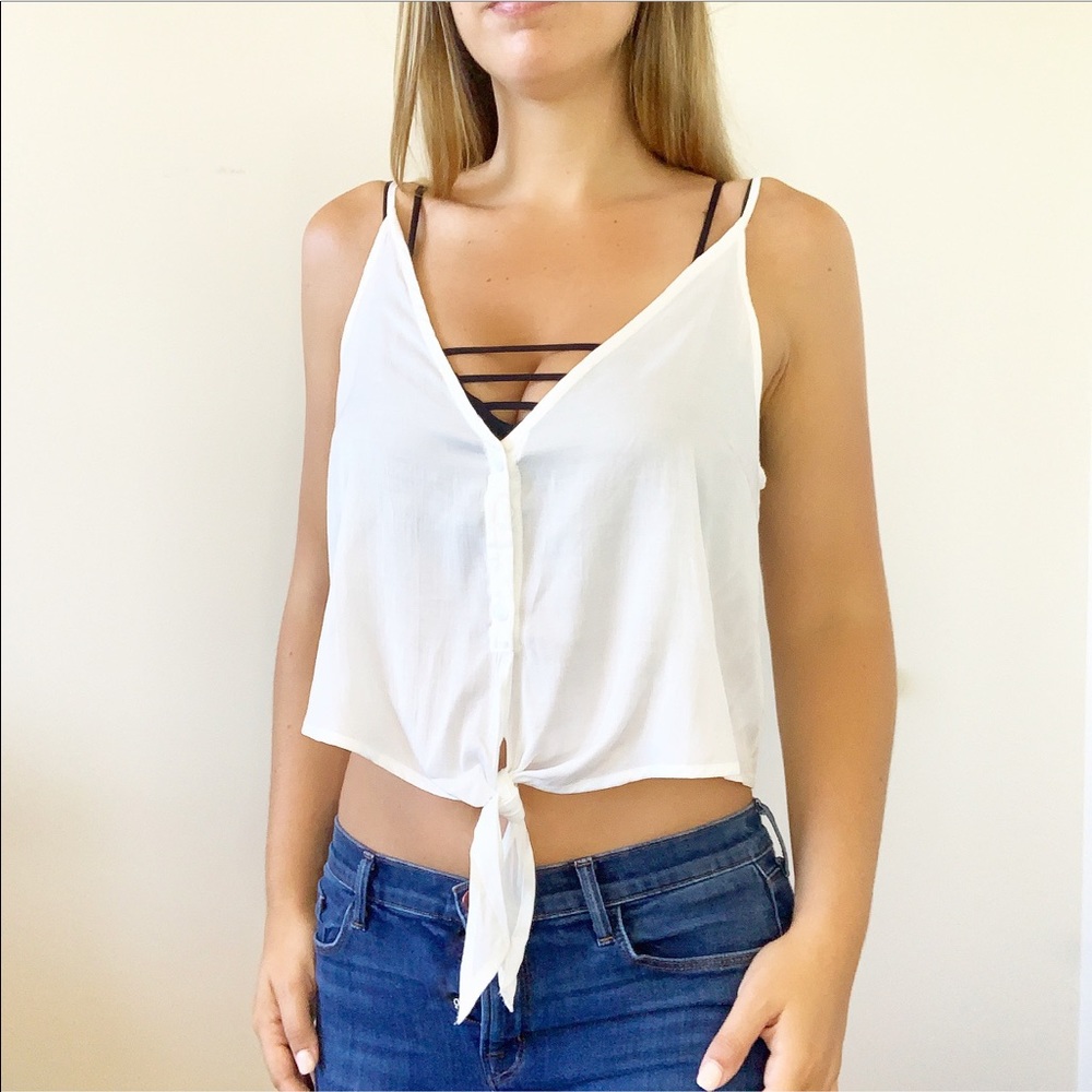 'Tease' Tie Front Cami Crop Top V Neck Blouse - Picture 2 of 6